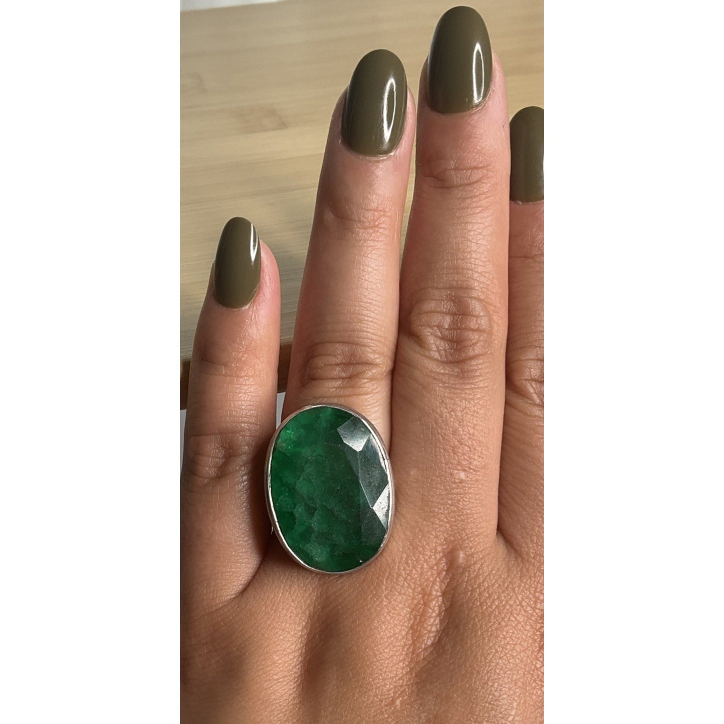 Vintage Large Green Gemstone Sterling Silver Statement Dramatic Ring Size 8