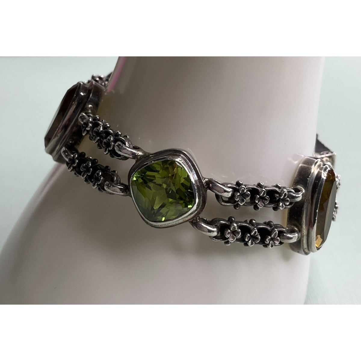 Vintage Sterling Silver Citrine Peridot Gemstone Double Chain Bracelet
