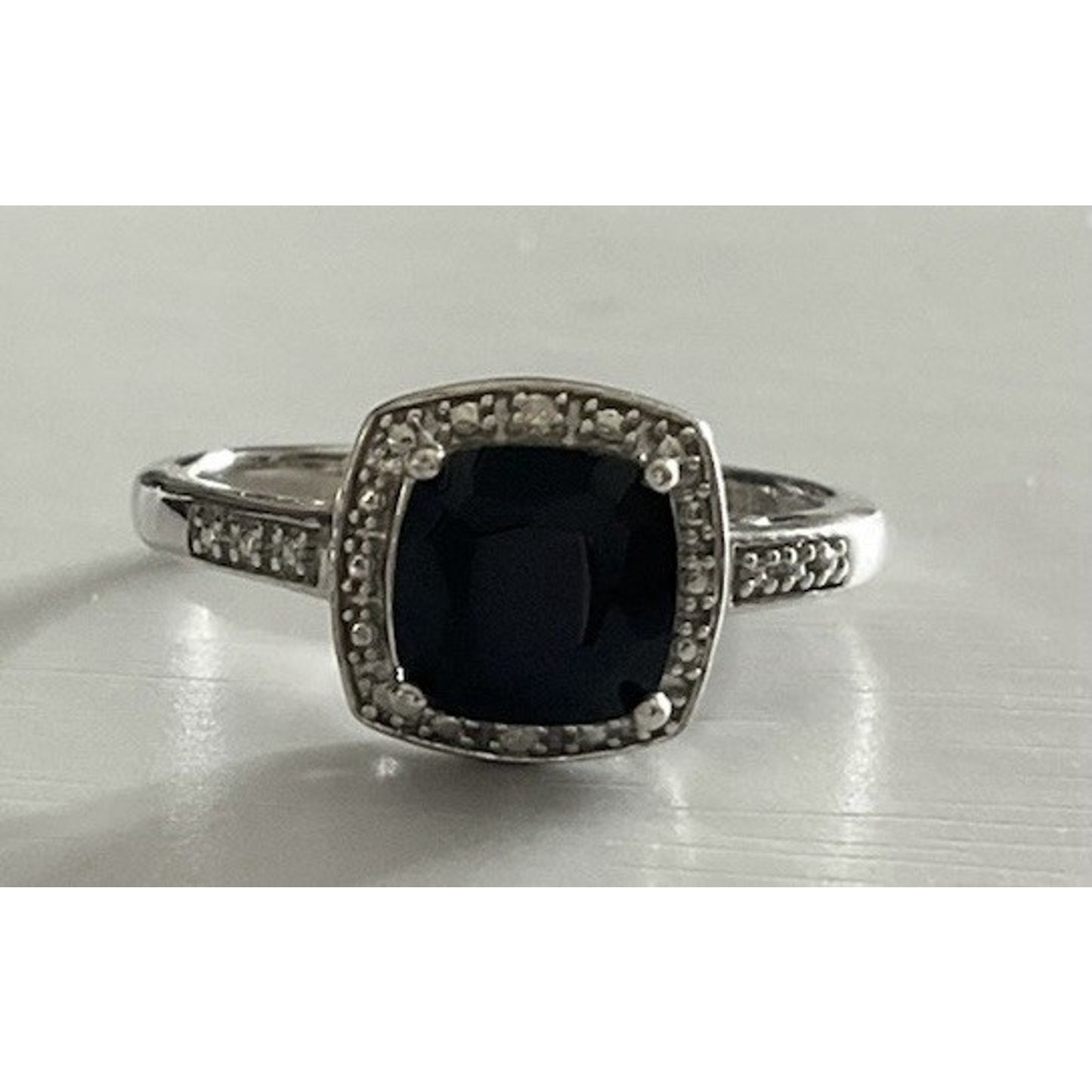 Sterling Silver 925 M Black Onyx Halo Ring CZ Accents Size 7.5