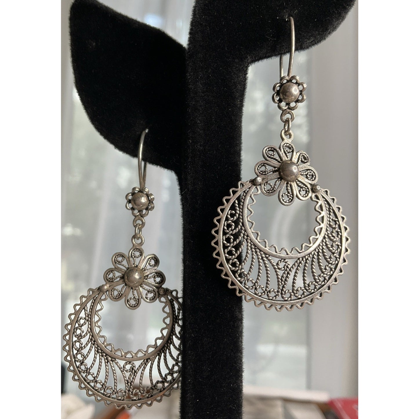 Vintage DGS Sterling Silver Turkey Filigree Crescent Moon Floral Dangle Earrings