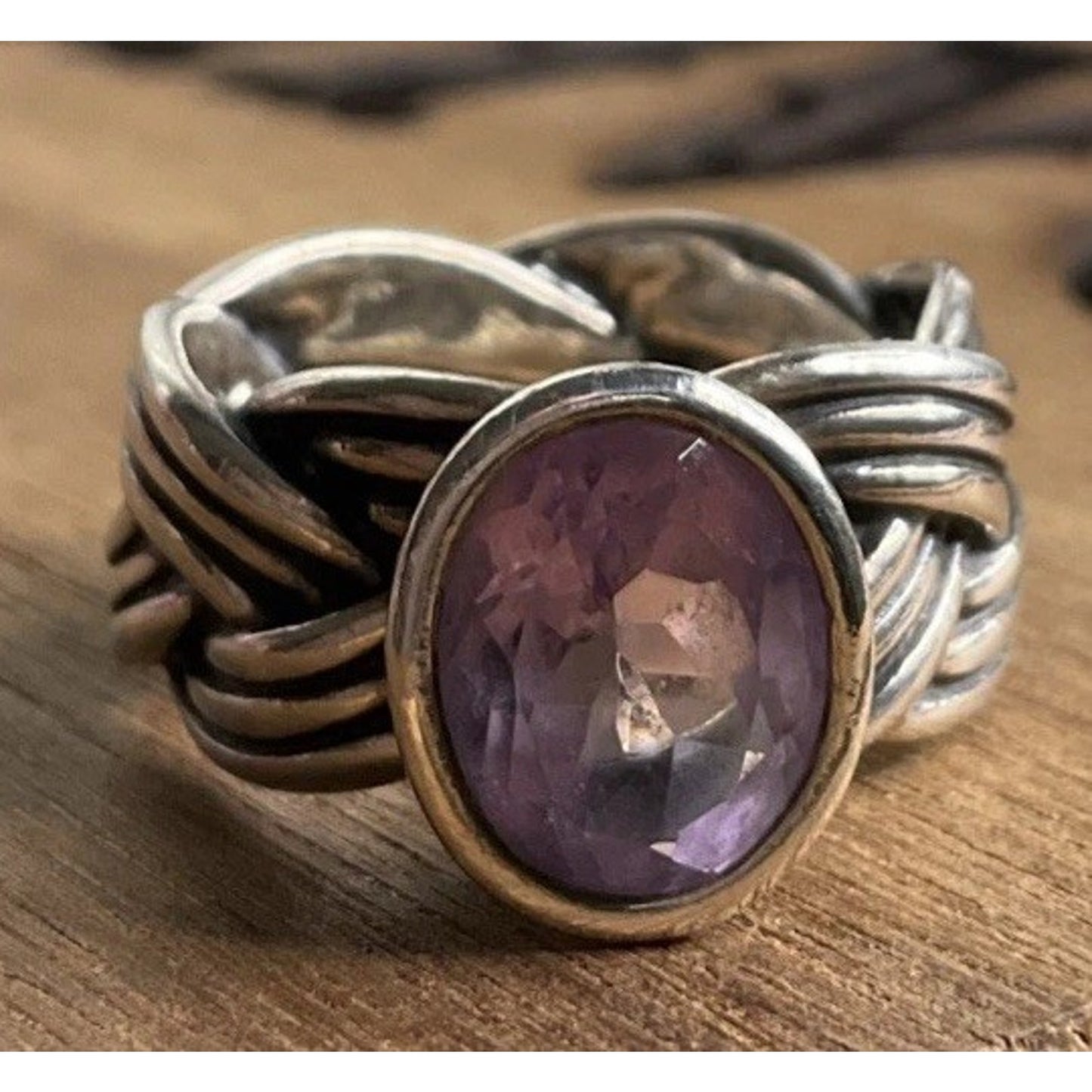 Retired Pandora ALE 925 Silver Purple Stone Ring Statement Woven Band Size 6