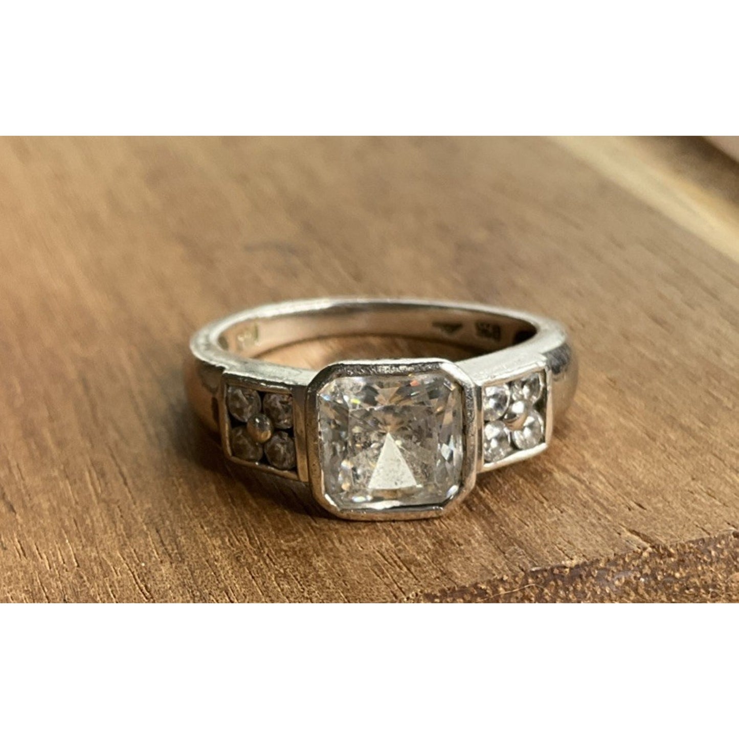 TM 925 Sterling Silver Square CZ Ring Size 7.5 Vintage Style Engagement Ring