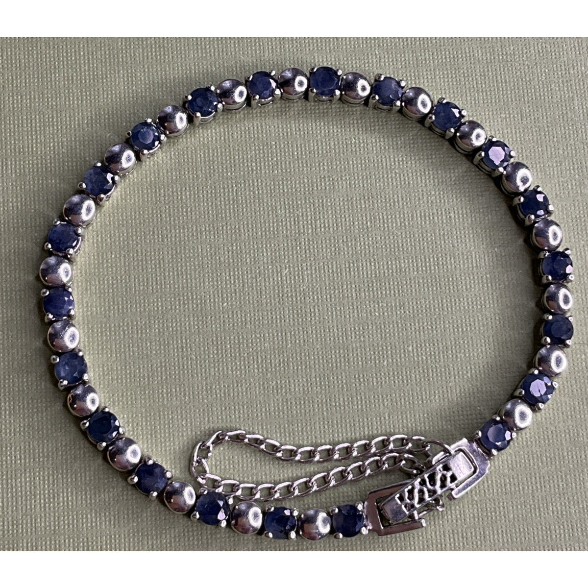 Vintage 925 Sterling Silver Blue Sapphire Tennis Bracelet 14g 7.25” Safety Chain