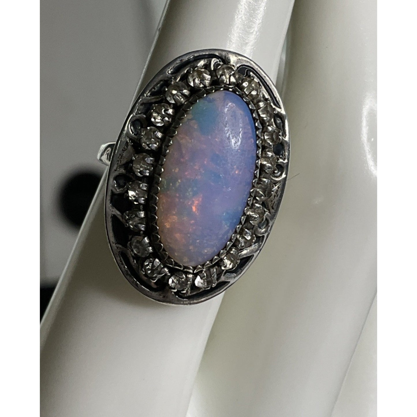 Vintage Opal Oval Cabochon Crystal Halo Sterling Silver Statement Ring 6.5
