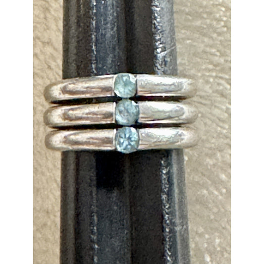 Vintage Sterling Silver Aquamarine Ring 3 Stone Artisan Size 7.5 10.7g
