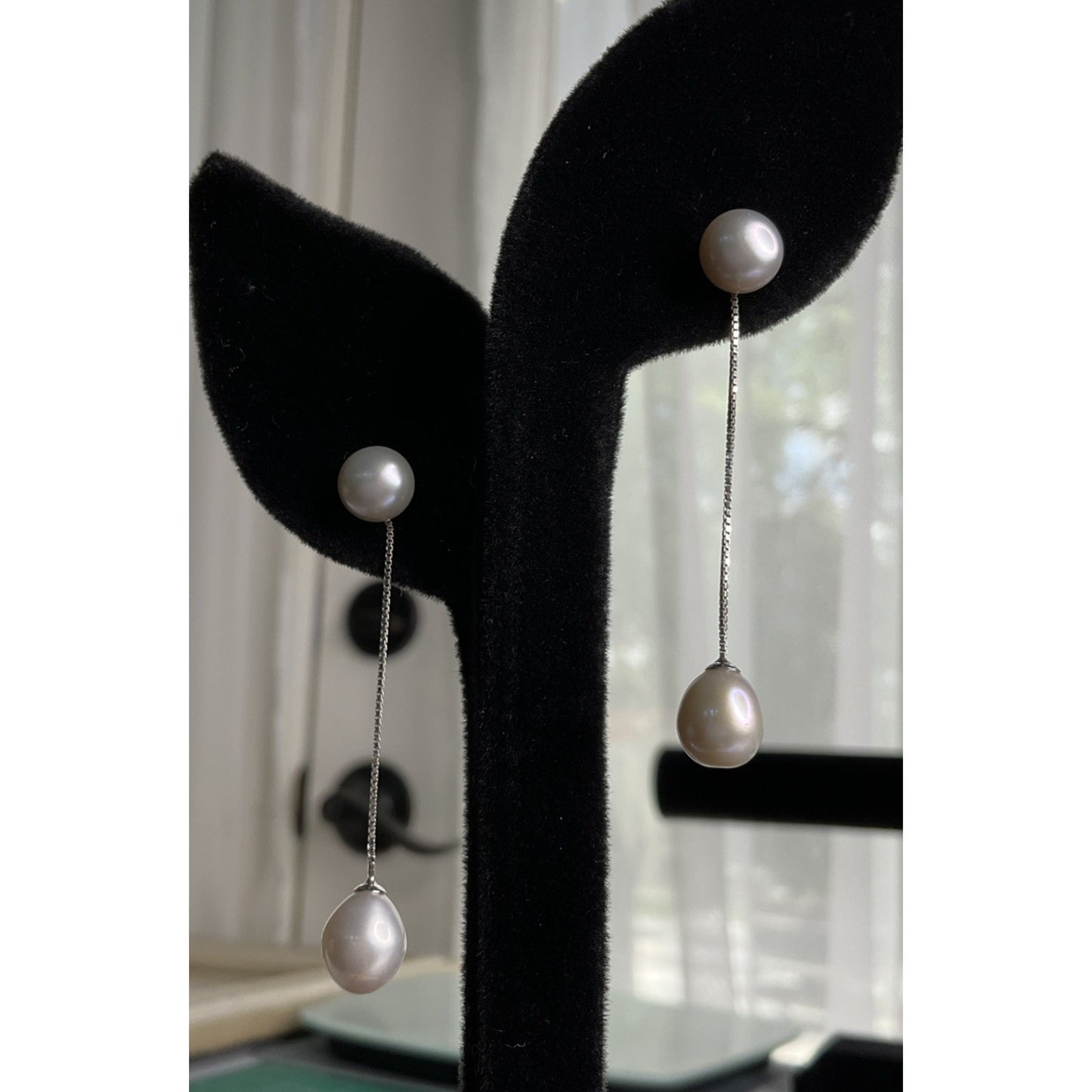 Sterling Silver Pearl Drop Earrings Long Dangle Minimalist