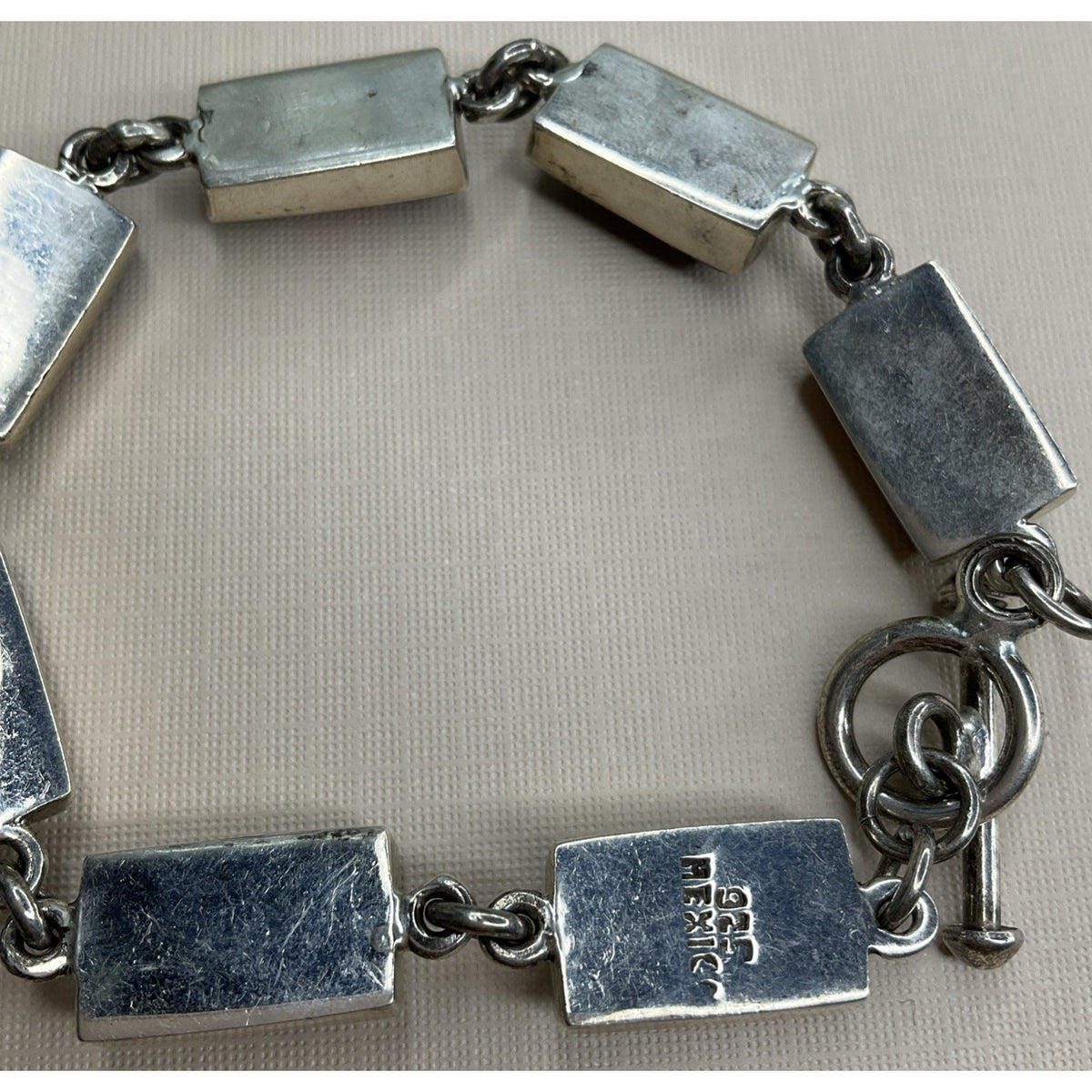 Vintage Mexico 925 Sterling Silver Multi Stone Inlay Link Bracelet 31g 7.5
