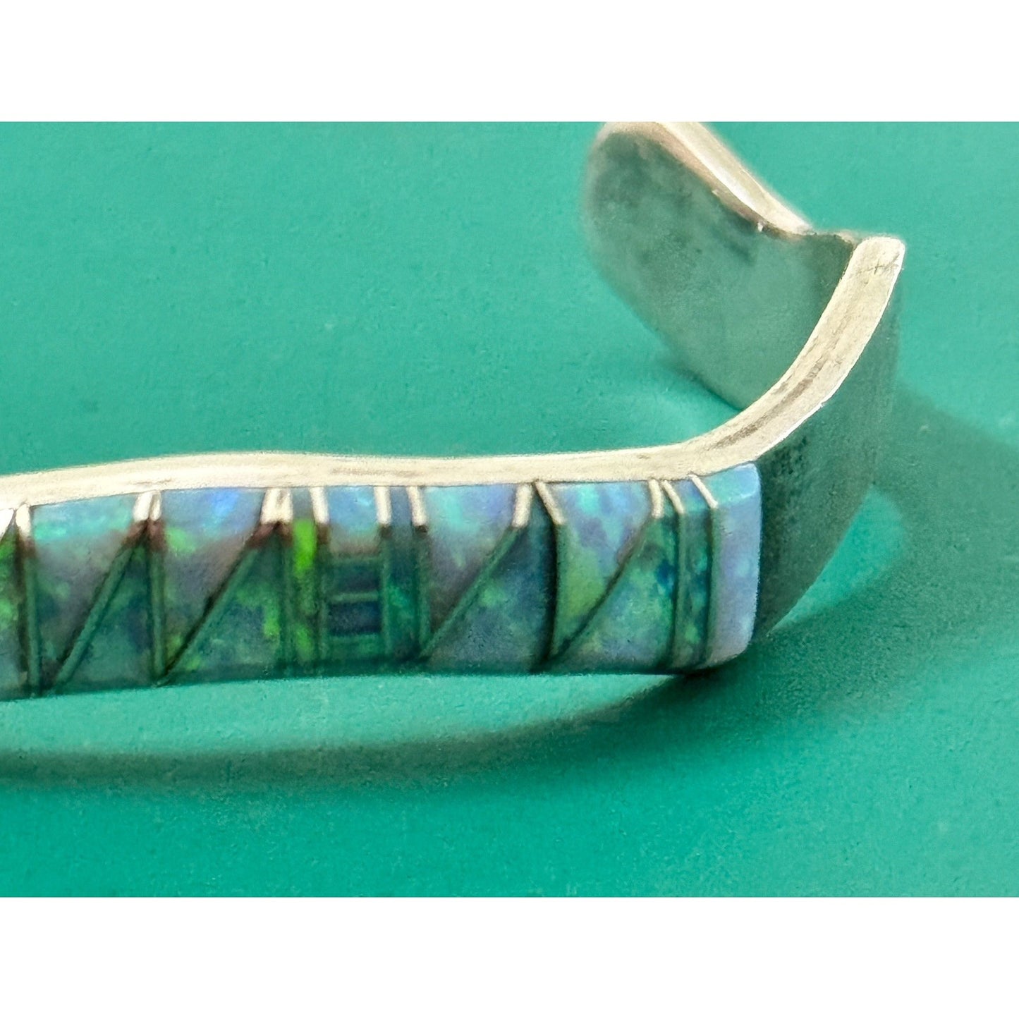 Vintage Southwestern Sterling Silver Blue Green Opal Inlay Cuff Bracelet 22g