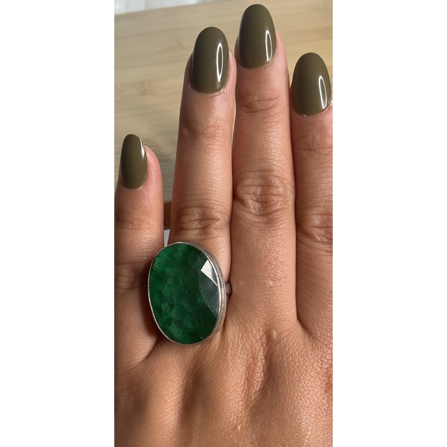 Vintage Large Green Gemstone Sterling Silver Statement Dramatic Ring Size 8