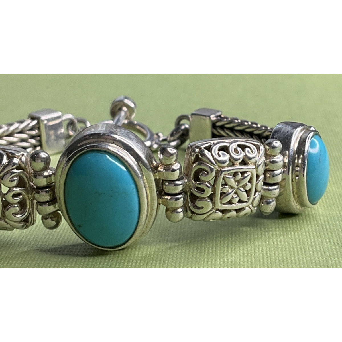 Vintage 925 Sterling Silver Turquoise Bracelet Ornate Filigree Woven Chain 30gr