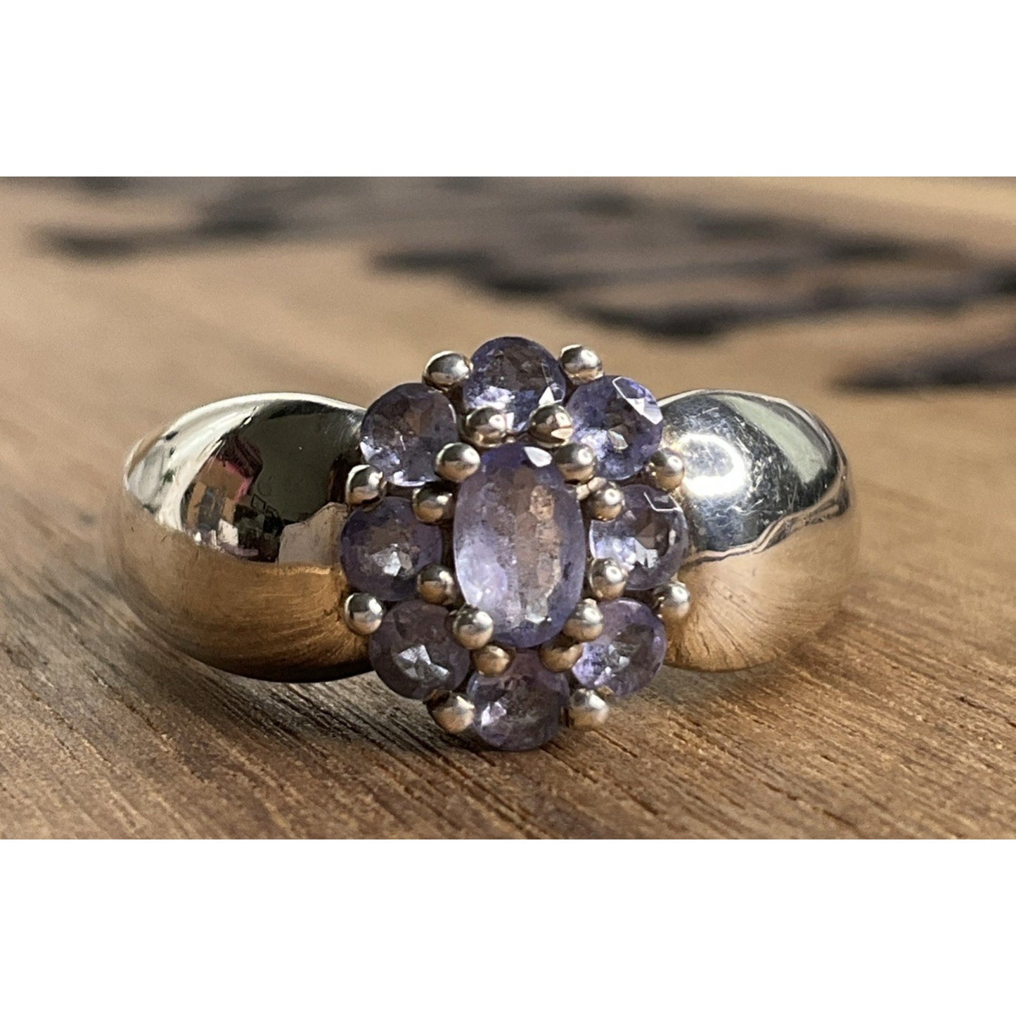 Sterling Silver Amethyst Cluster Wide Band Ring Size 7.5 Purple February Stone