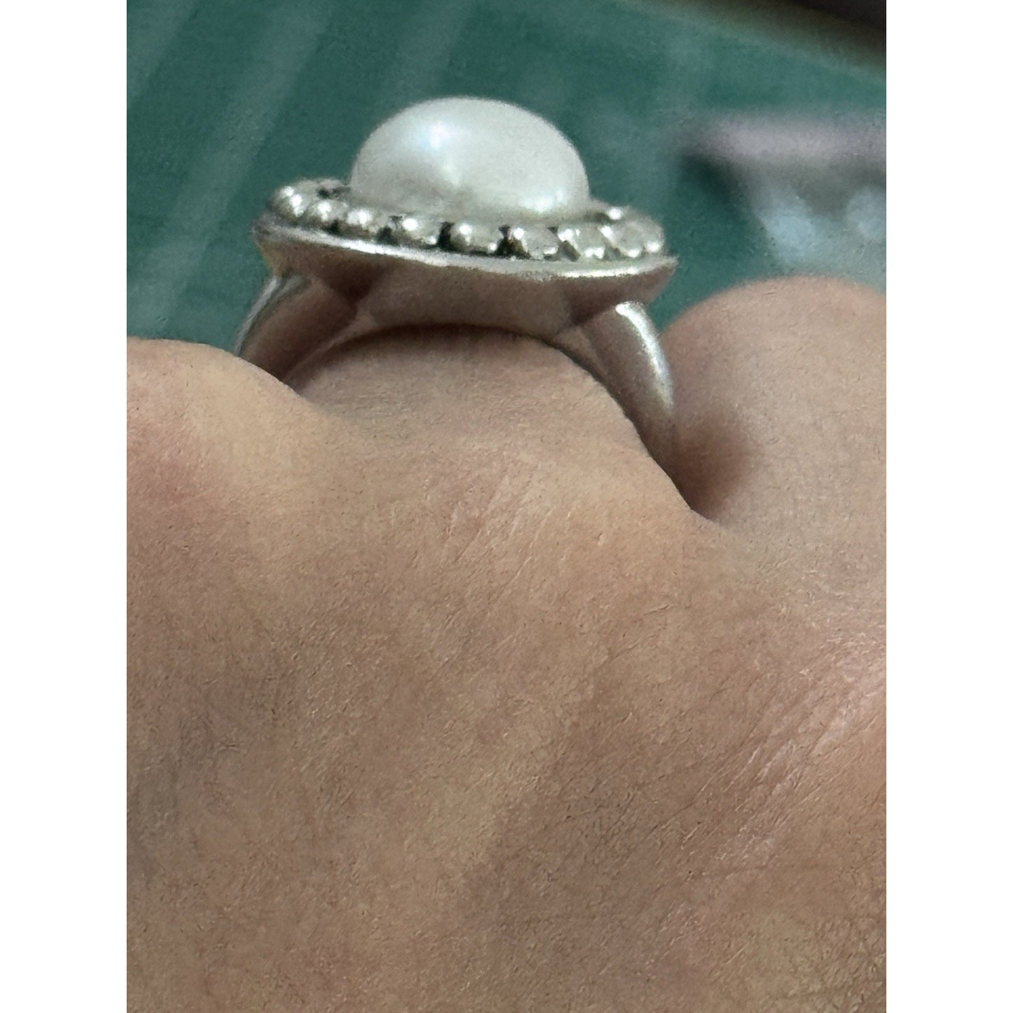 Vintage Sterling Silver Genuine Pearl Beaded Halo Statement Ring Size 7.5 10g