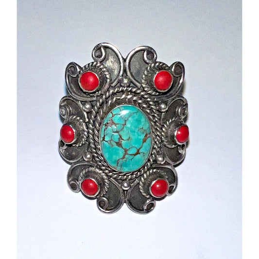 Vintage Navajo Sterling Silver Turquoise & Red Coral Statement Ring Sz 7 15g