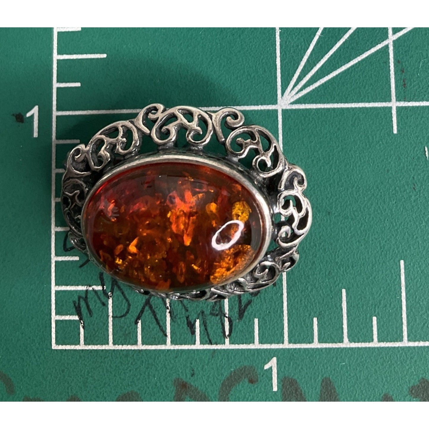 Vintage Baltic Amber Sterling Silver Oval Filigree Brooch Pin Victorian Art Deco
