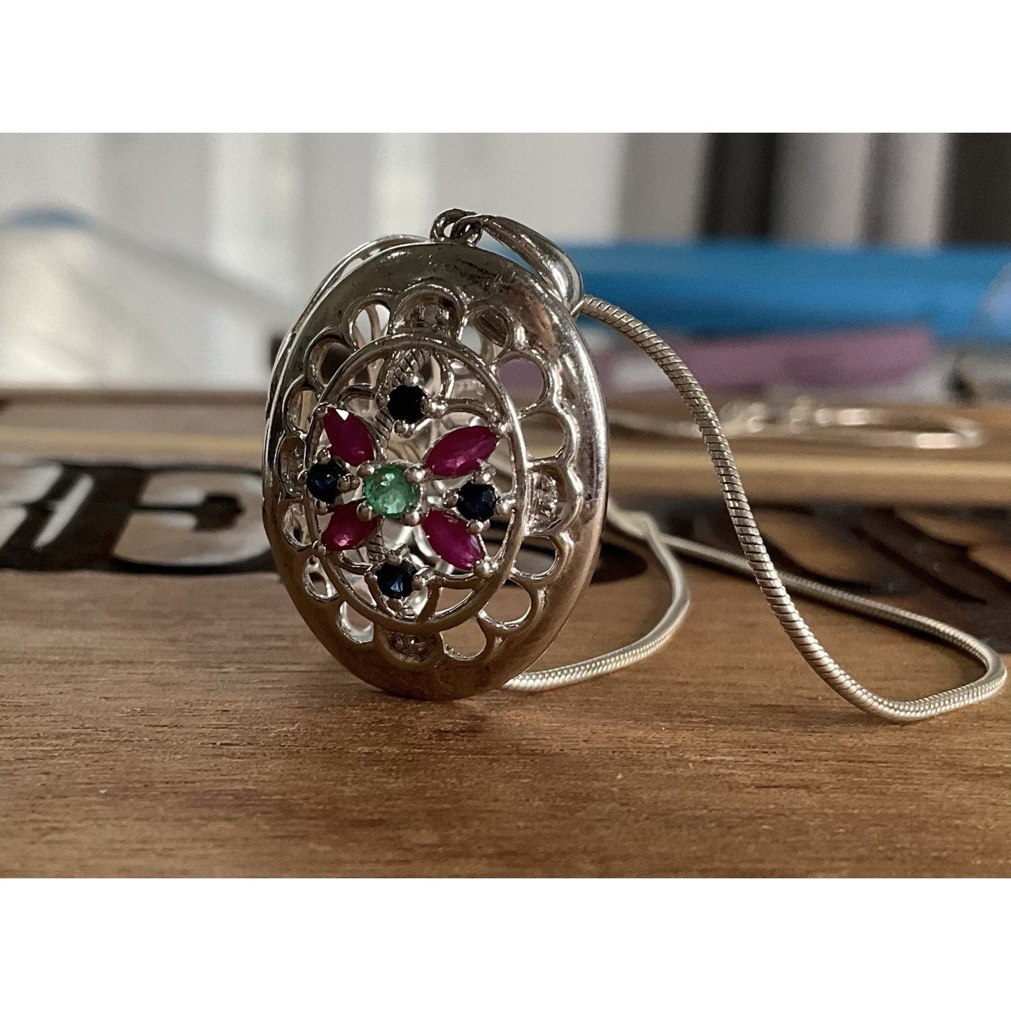 Vintage Sterling Silver Locket Necklace 925 Italy GRP Multi Stone