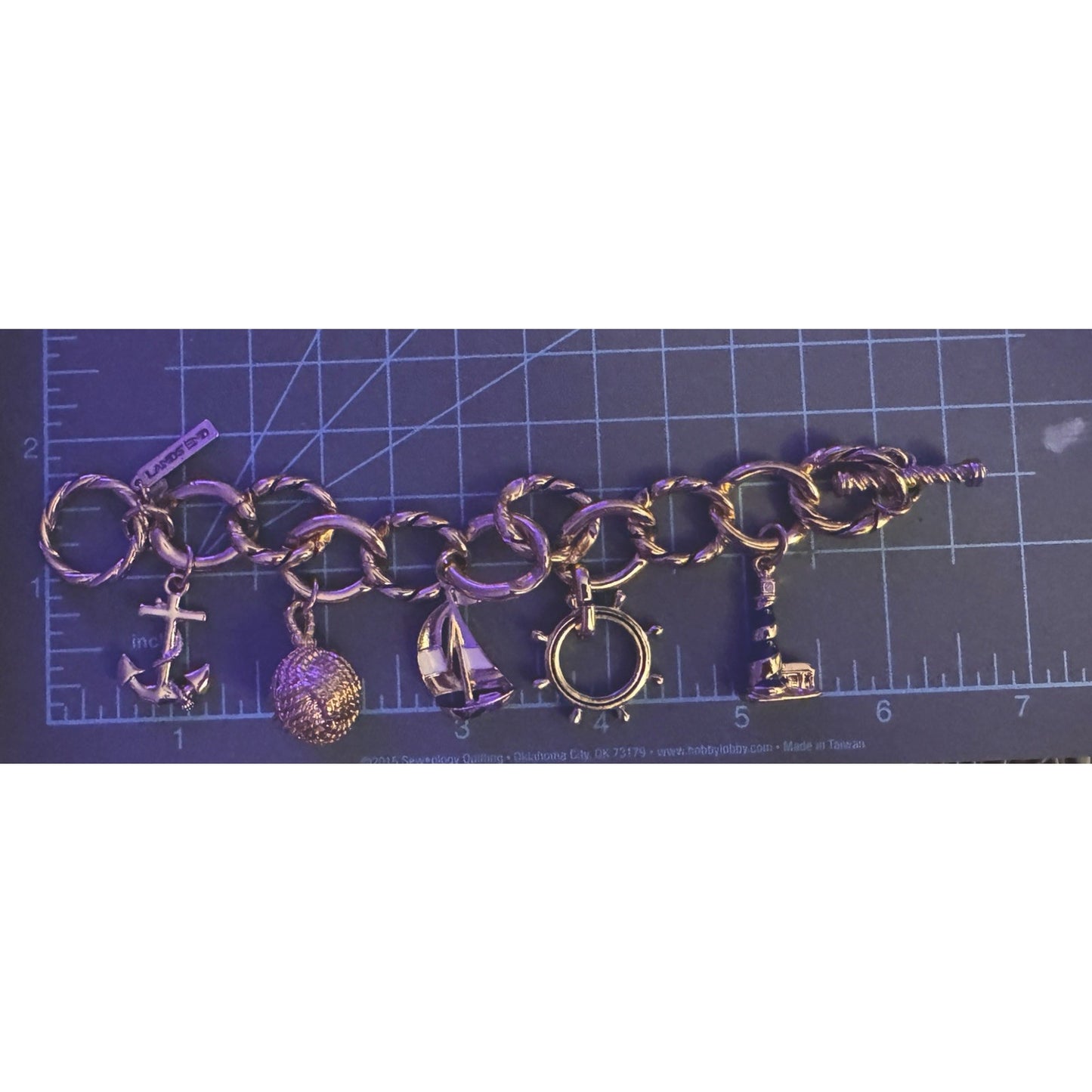 Vintage Chunky Lands End Gold Tone Nautical Beach Charm Toggle Bracelet 7.5”