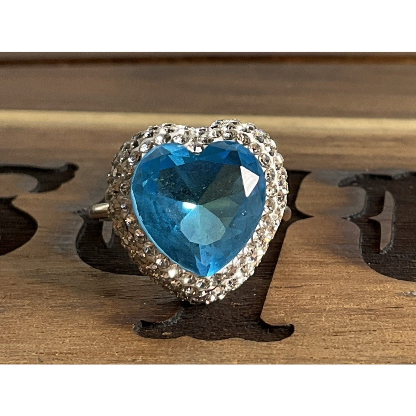 Sterling Silver Blue Heart Ring Adjustable Size 7 CZ Halo Romantic Gift Ring 925