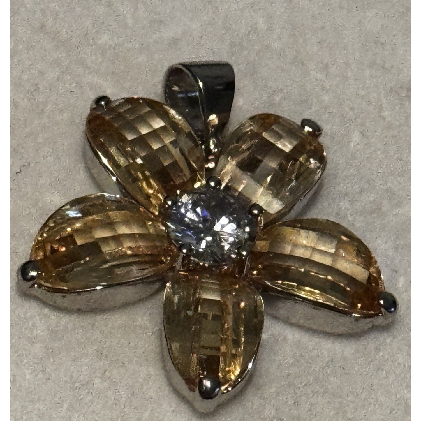 Vintage Sterling Silver Citrine Flower Pendant White Topaz Gem 925 11g