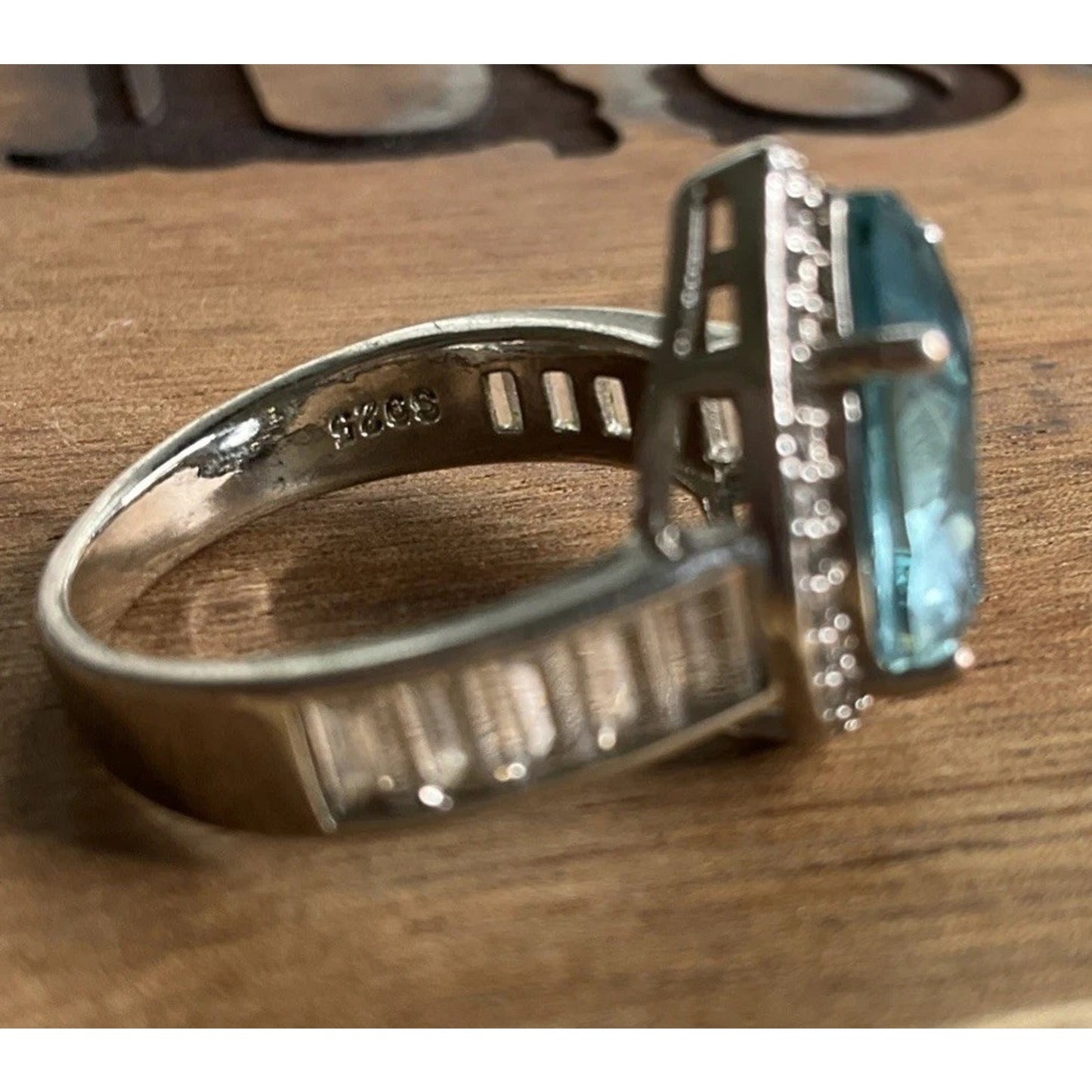 Vintage Blue Pear Cut Gemstone Halo Ring Sterling Silver Statement Ring Size 7