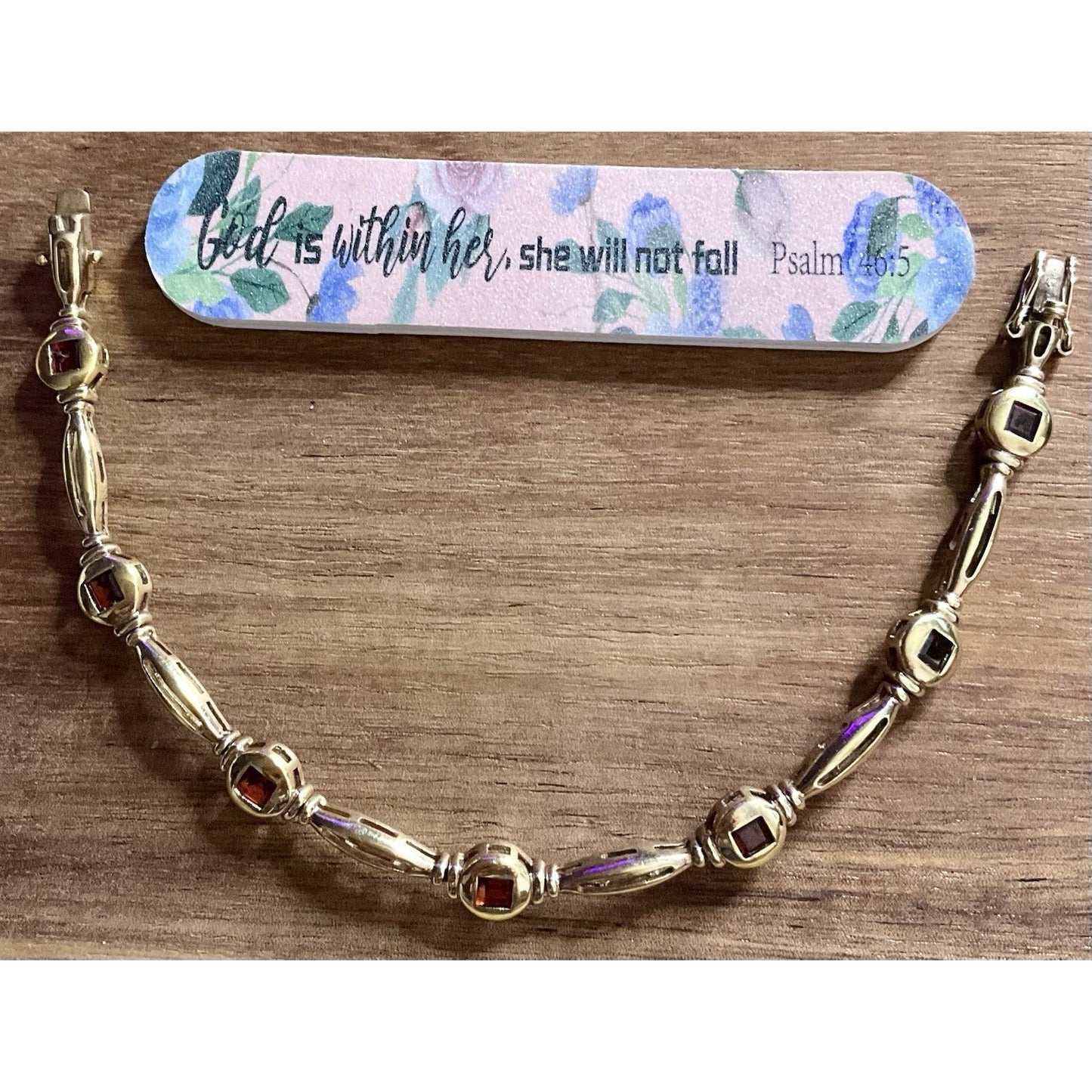 Vintage 925 Sterling Silver Gold Plated Garnet Link Bracelet 7.75” Thailand