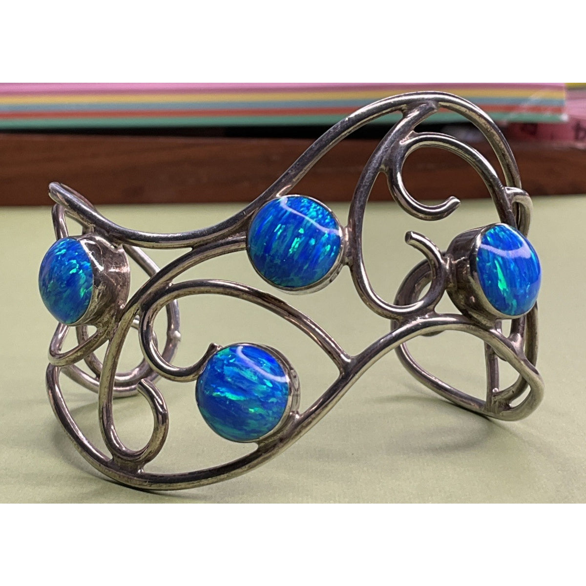Mexico 925 Sterling Silver Blue Opal Wide Scroll Cuff Bracelet 31g
