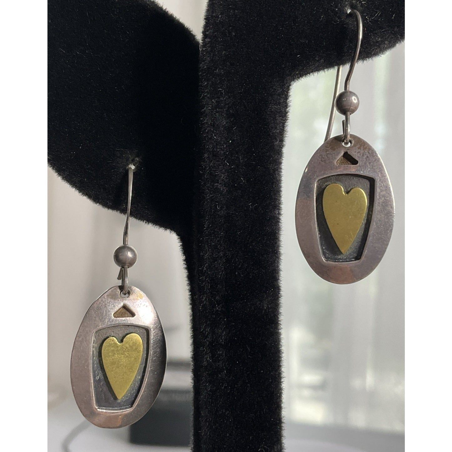 Vintage Two Tone Heart Sterling Silver And Gold Dangle Drop Earrings Signed FF