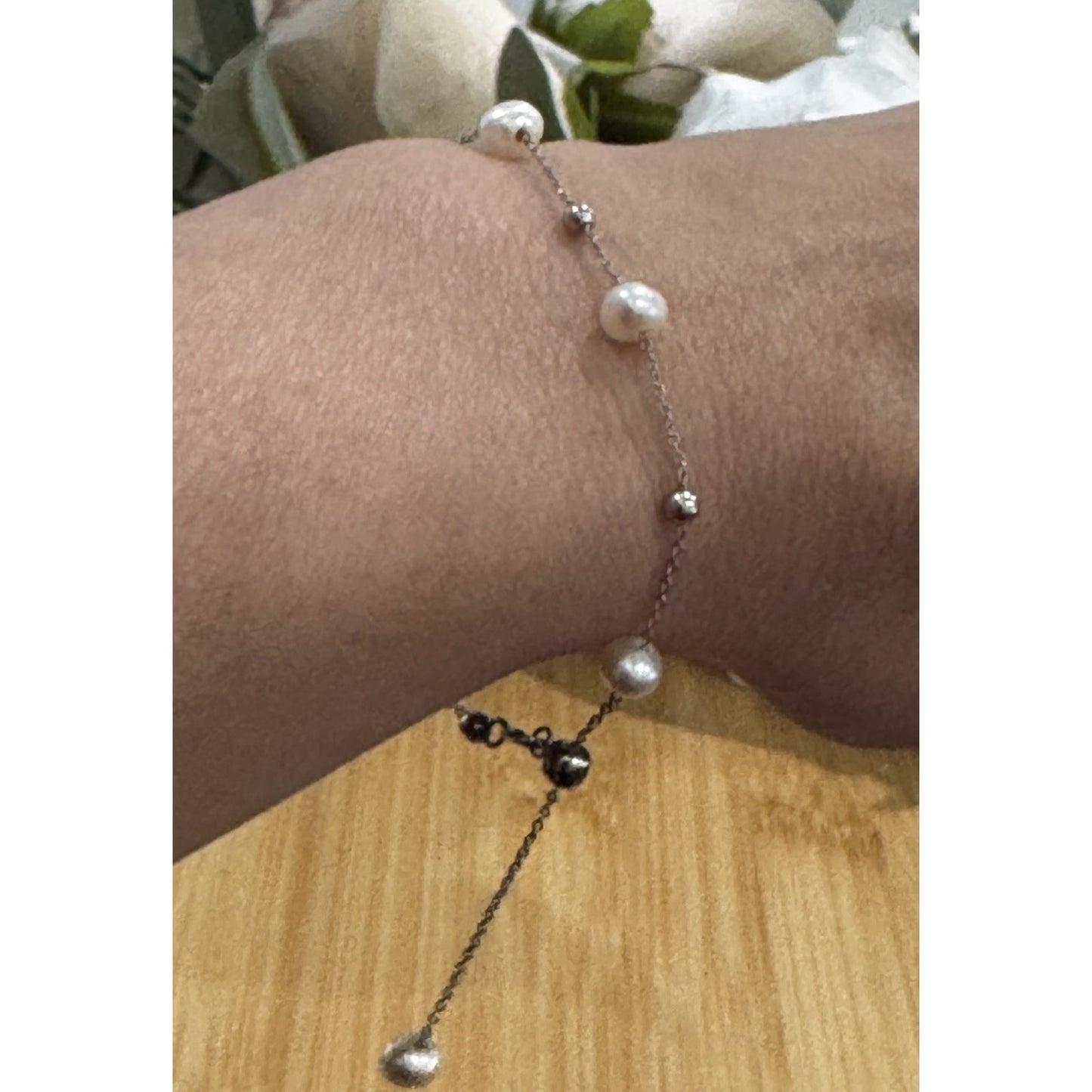 Vintage Sterling Silver Freshwater Pearl & Silver Bead Station Slider Bracelet