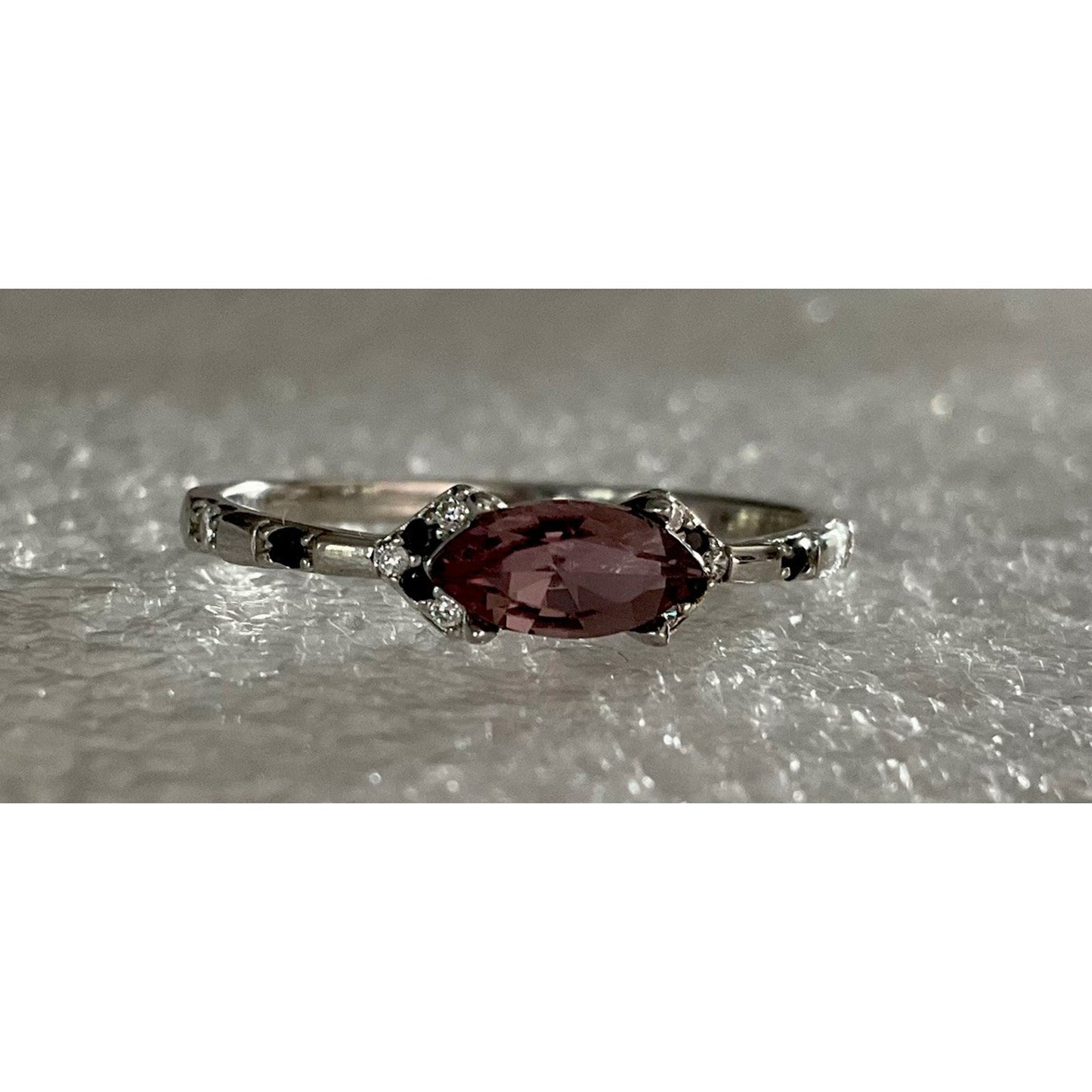 Sterling Silver Pink Marquise Gemstone Ring – Black Spinel & CZ Accents Size 10