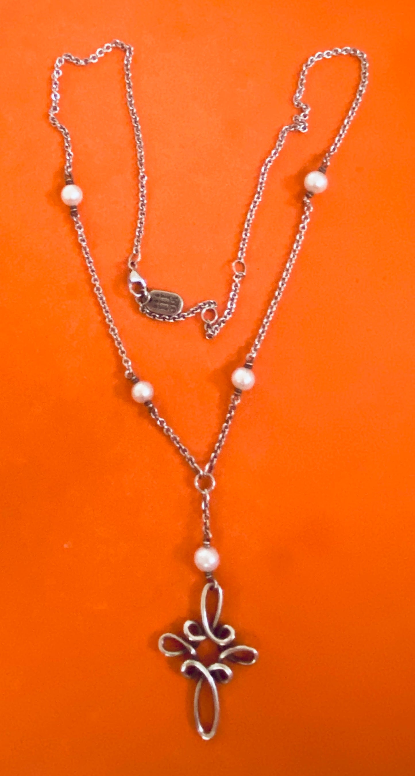 Preowned James Avery Silver Cross of Loops Cultured Pearl Necklace