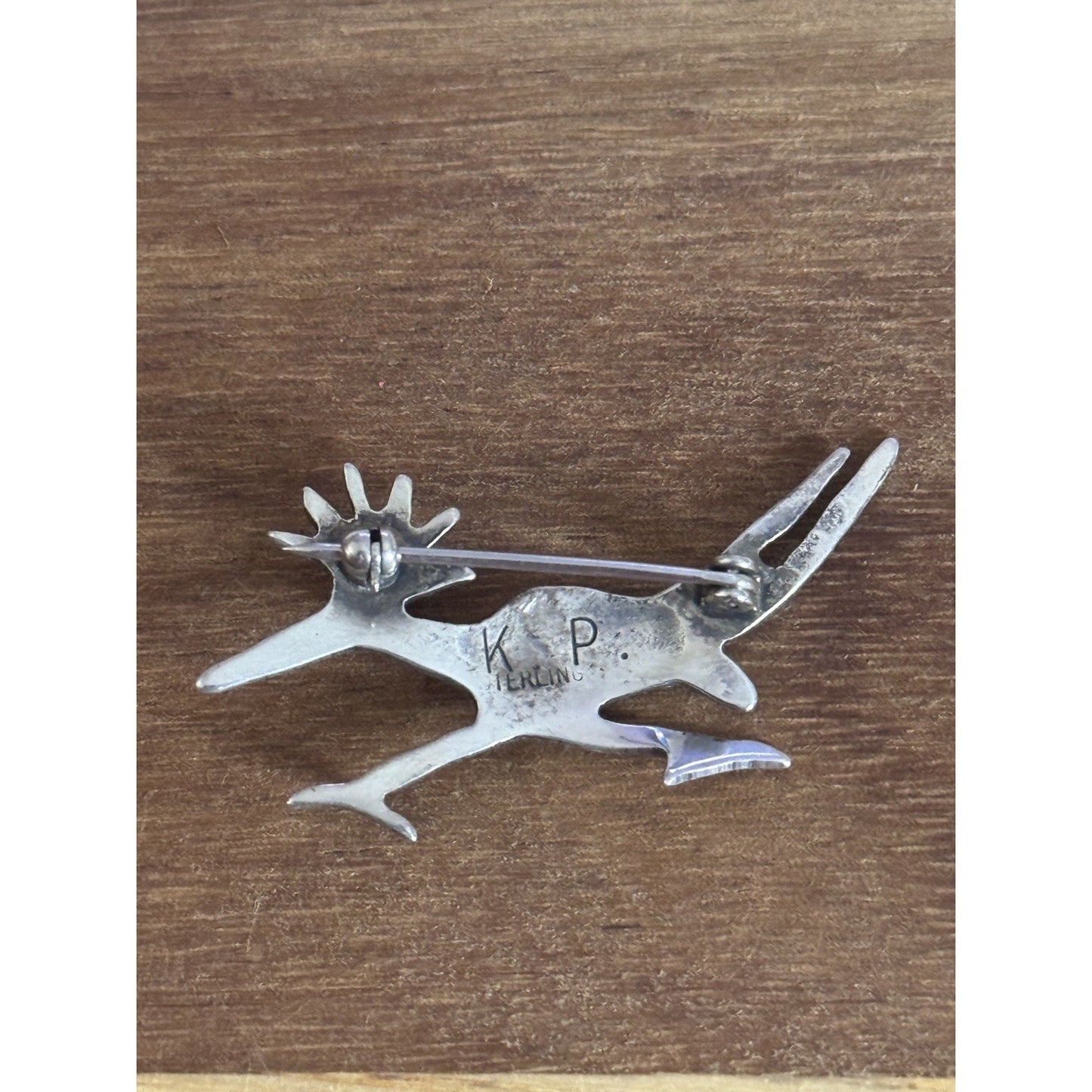 Vintage Navajo Sterling Turquoise Roadrunner Pin Brooch Signed K.P. 2.3g