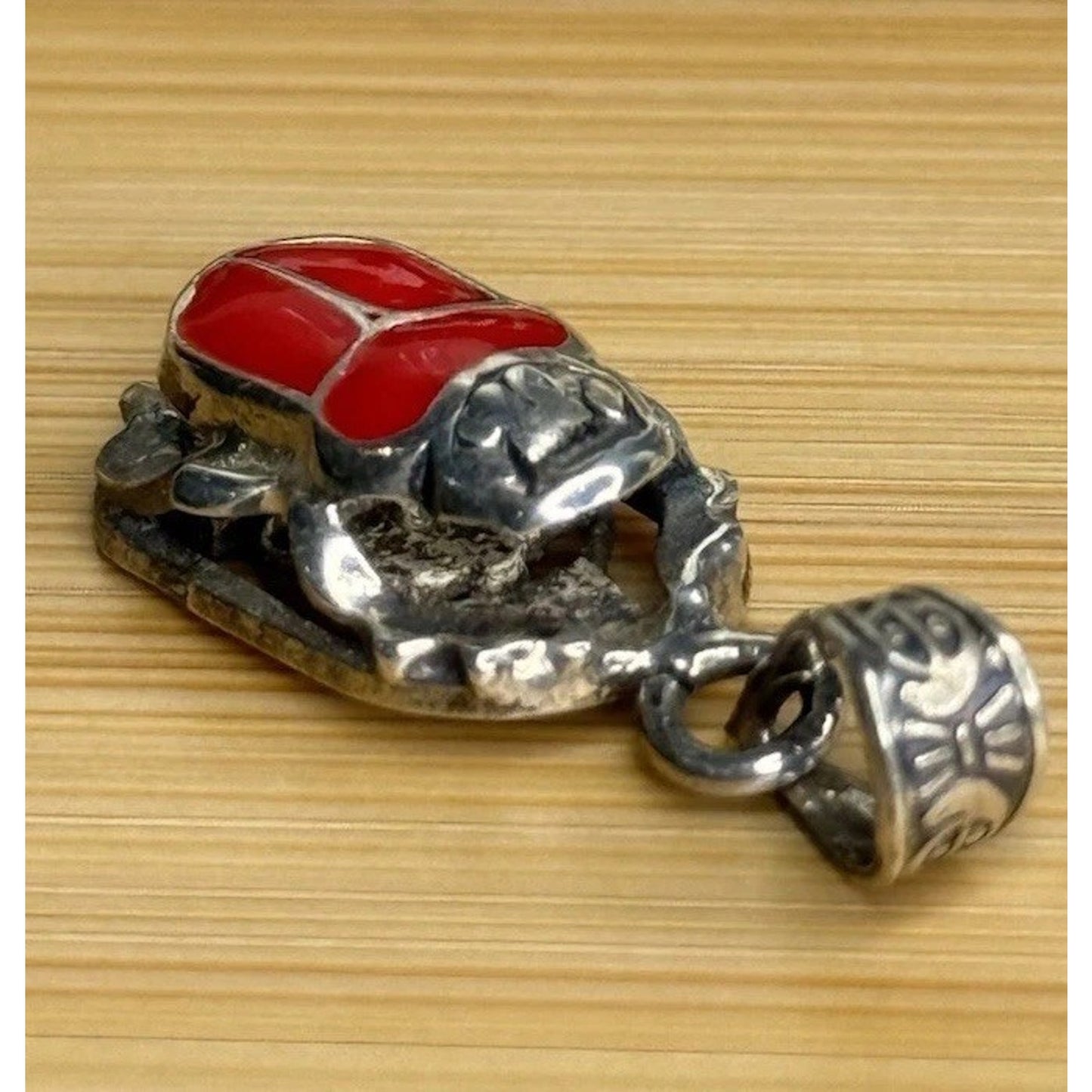 Vintage Sterling Silver & Red Enamel Egyptian Scarab 925 Pendant Or Charm