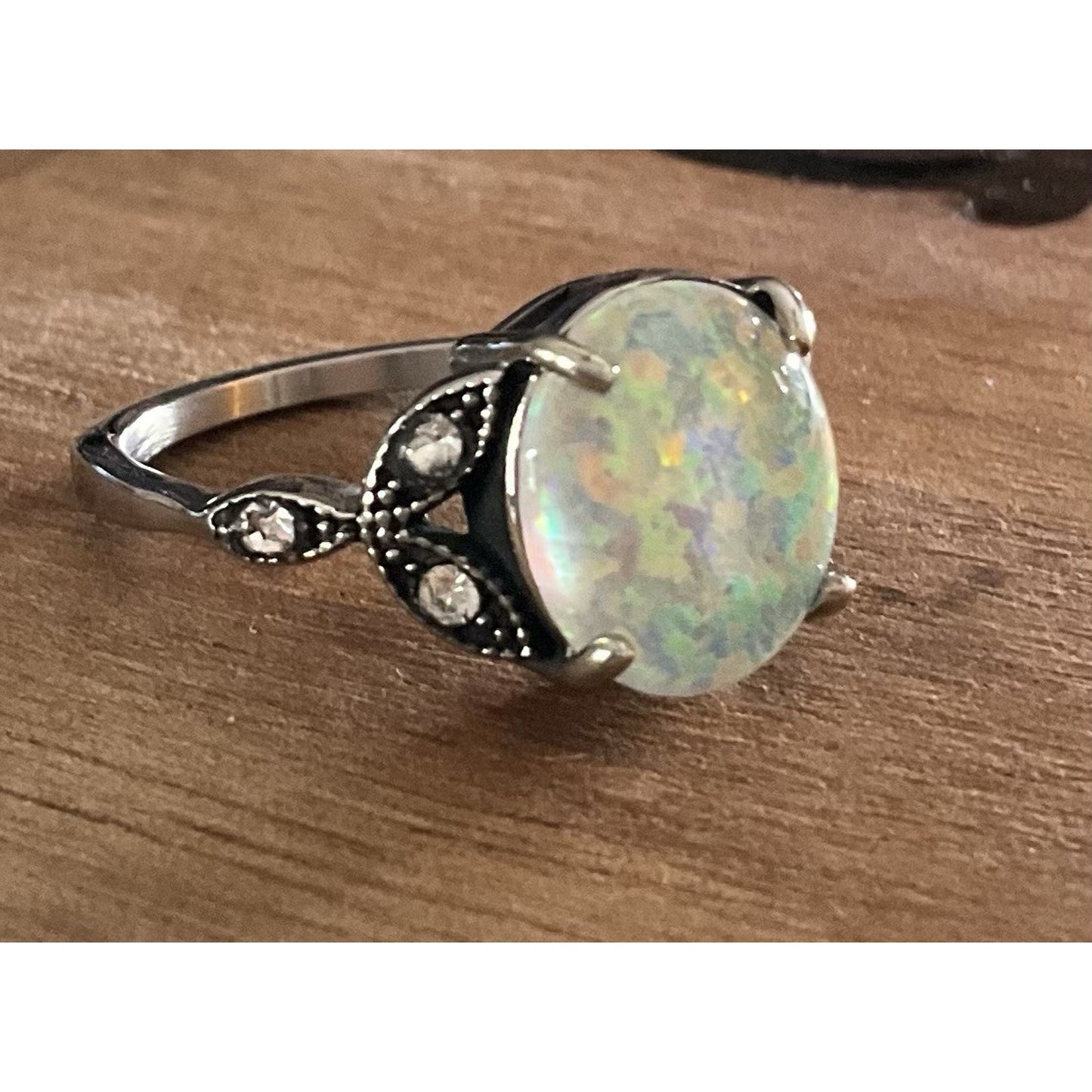Vintage Sterling Silver Opal Ring Size 7.5 Oval Fire Opal Style Statement Ring