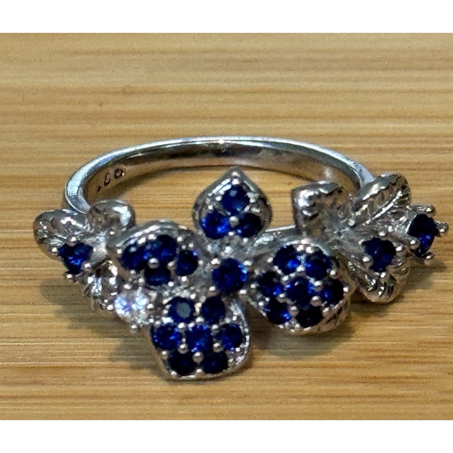 Sterling Silver Blue Sapphire Flower Ring Diamond Accent Floral Cluster Size 6.5