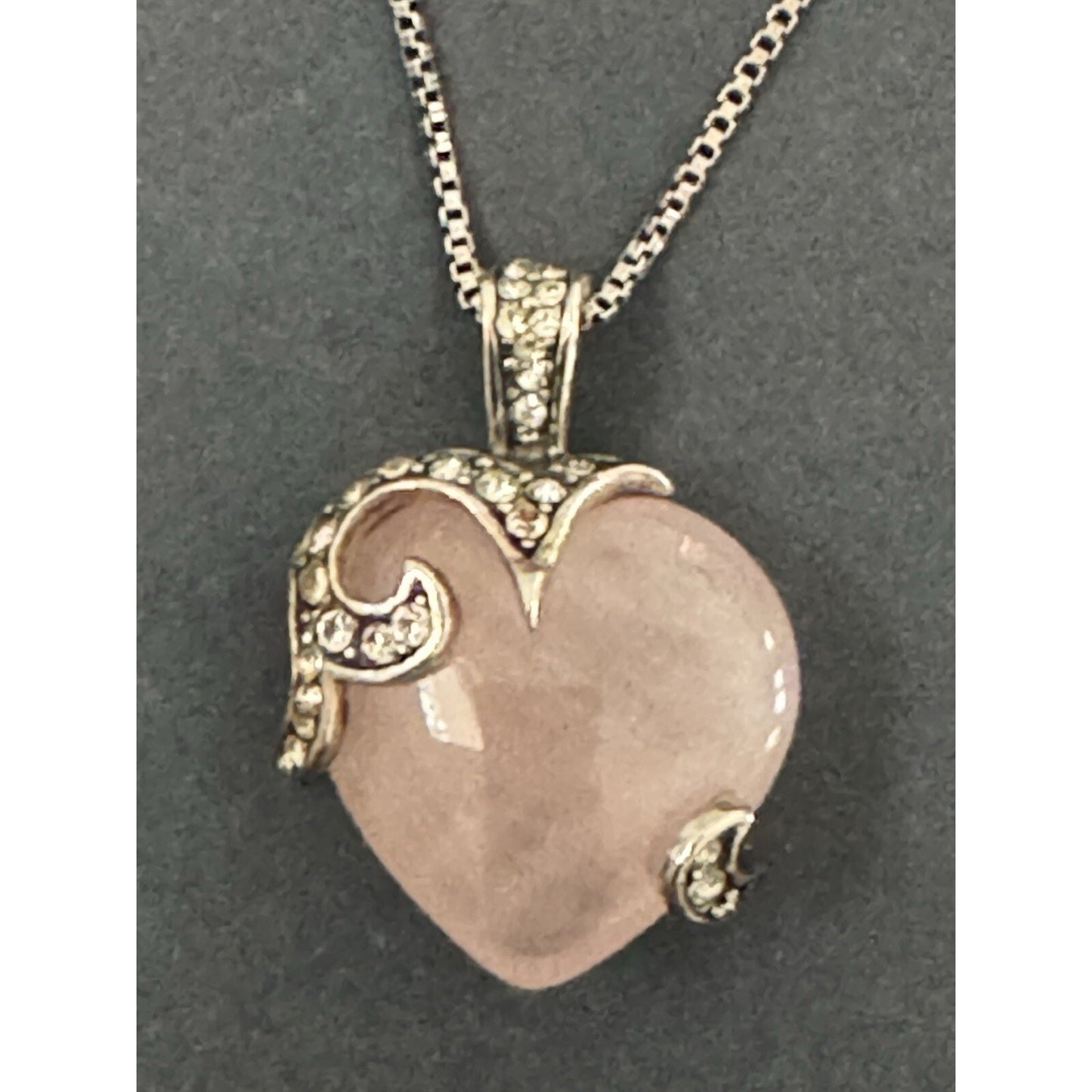 Vintage 925 Sterling Silver Rose Quartz Heart With Crystals and 17” Necklace