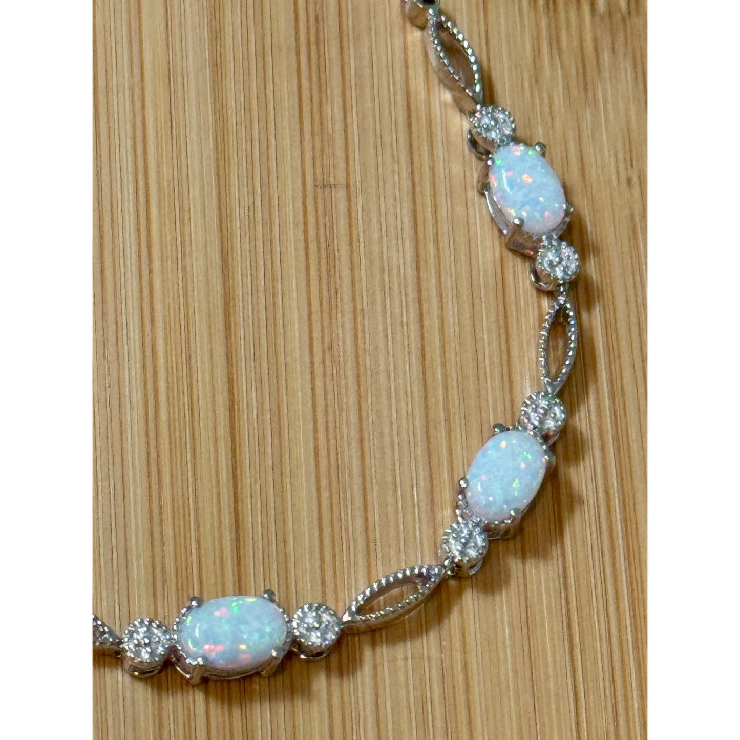 925 Sterling Silver Opal Cabachon Moissanite Bracelet 7.5” White Fire Opal 6g