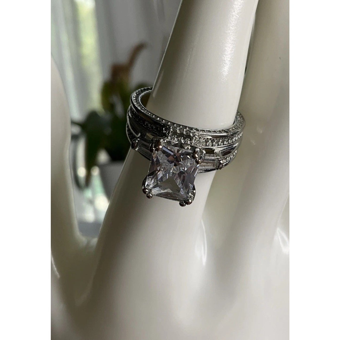 Large Square Cut CZ Ring Multi Band Sterling Silver Statement Ring 8.5
