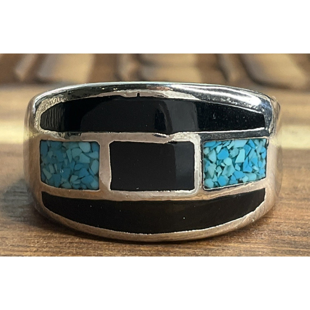 Sterling Silver Turquoise Black Onyx Inlay Ring Size 10 Southwest Band