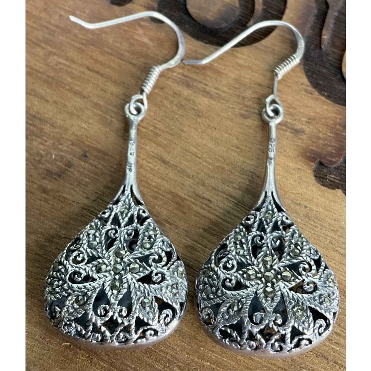 NF Sterling Marcasite Tear Drop Pendant Dangle Earrings Filigree Art Deco 17g!
