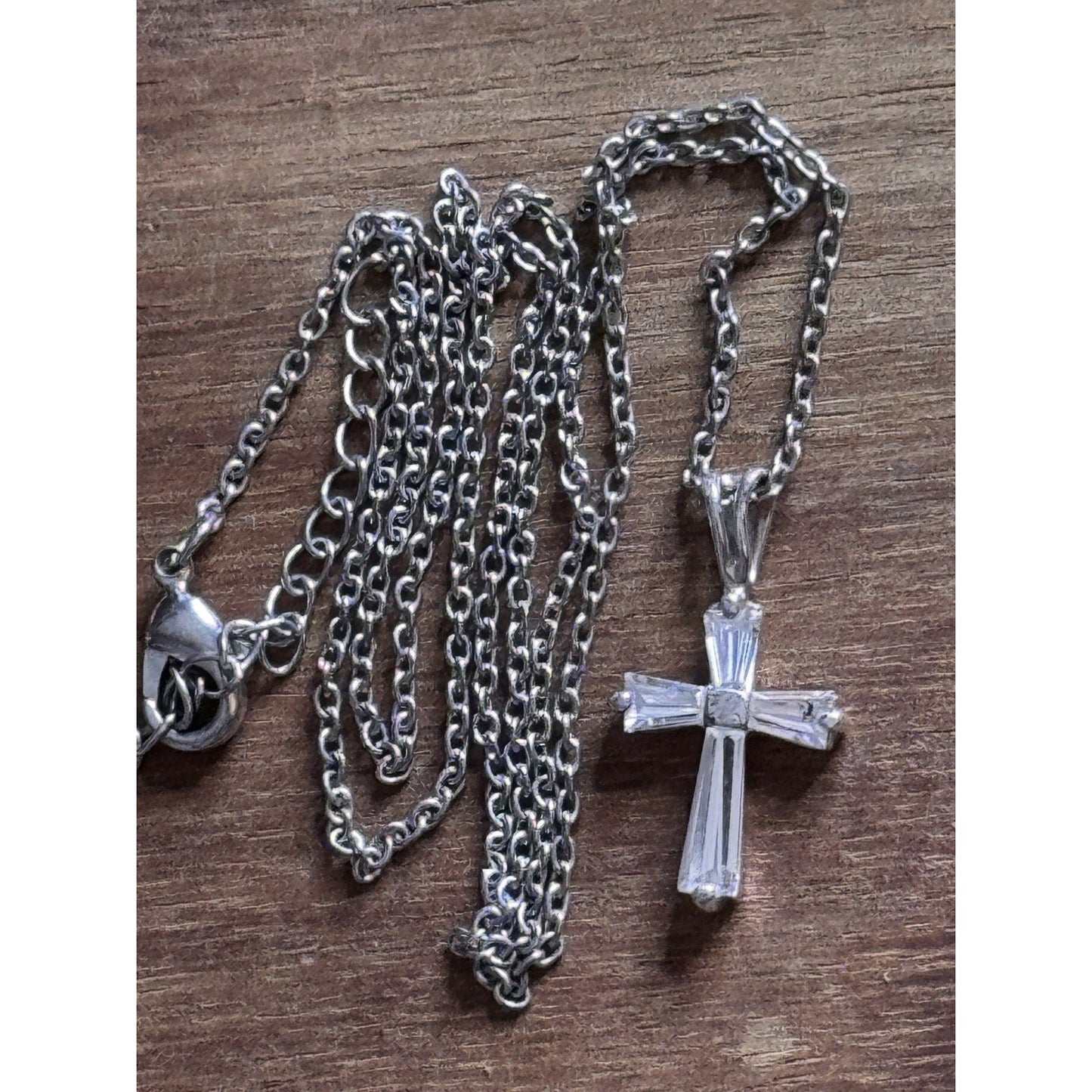 Sterling Silver CZ Cross Necklace 18” Chain 4g Baguette Cubic Zirconia