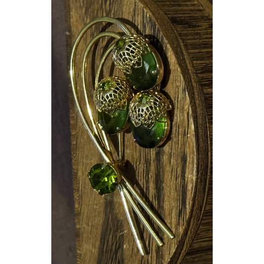 Vintage Sarah Coventry Green Acorn Brooch Gold Tone Rhinestone 1970s Signed