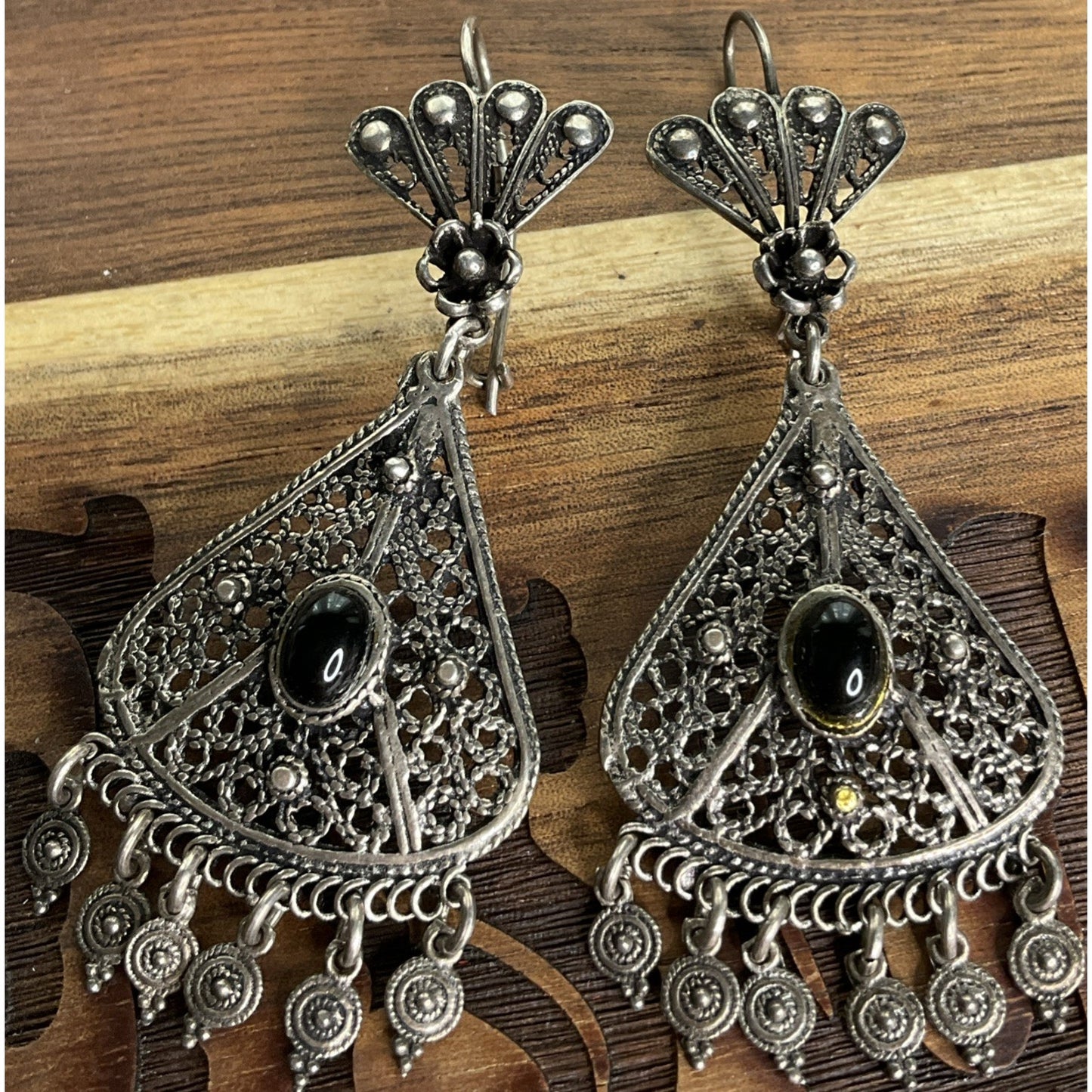 Vintage Sterling Silver Filigree Black Onyx Chandelier Earrings