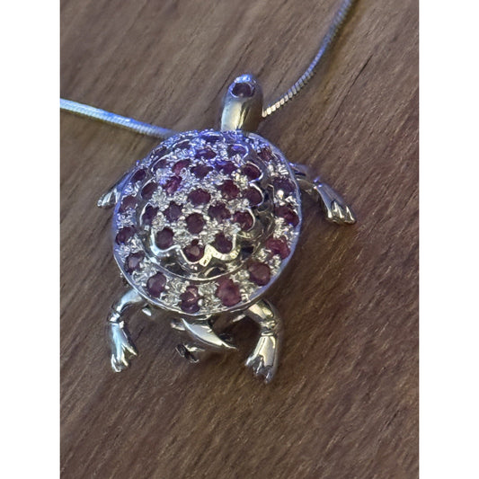 VINTAGE Chapal Zenray Rubies Sterling 925 TURTLE brooch / Pendant w/Necklace 22g