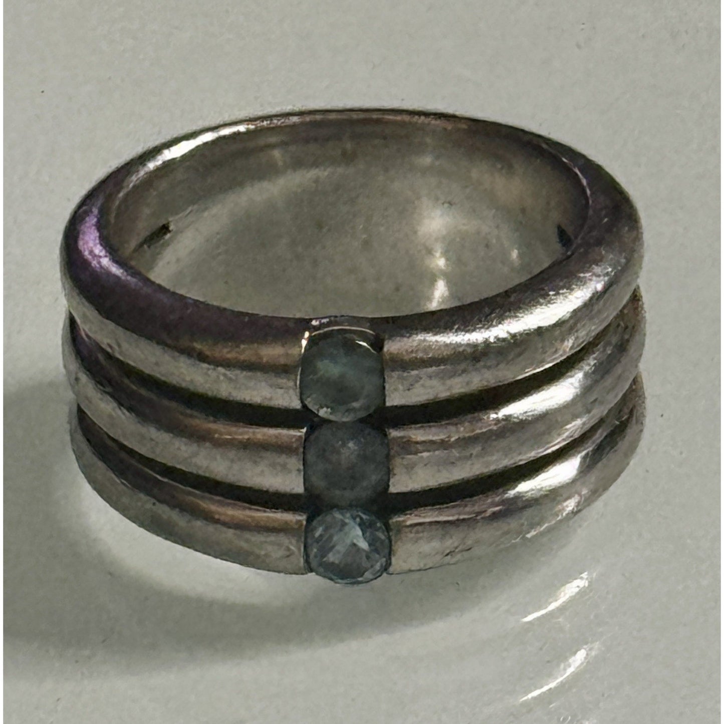 Vintage Sterling Silver Aquamarine Ring 3 Stone Artisan Size 7.5 10.7g