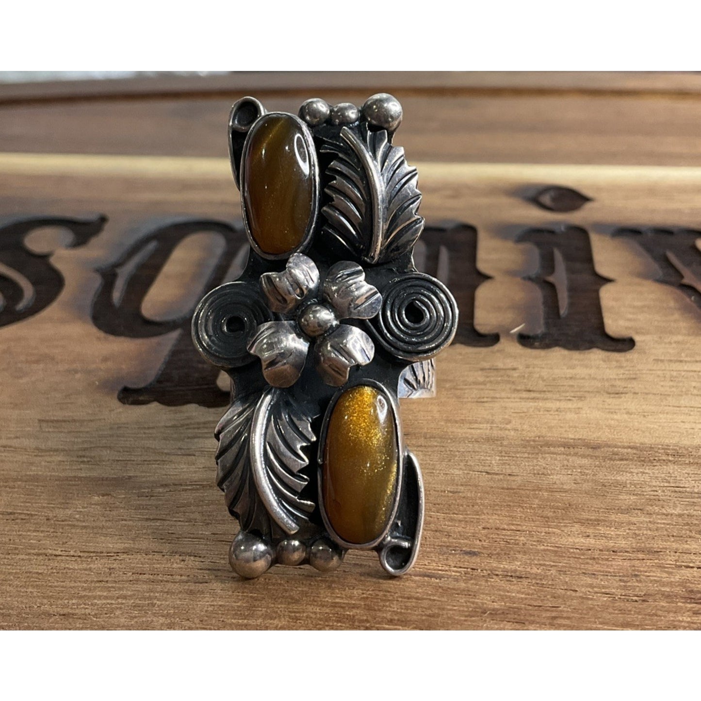 Esperanza Mexico 925 Sterling Silver Goldstone Ring Floral Adjustable Size 7.5