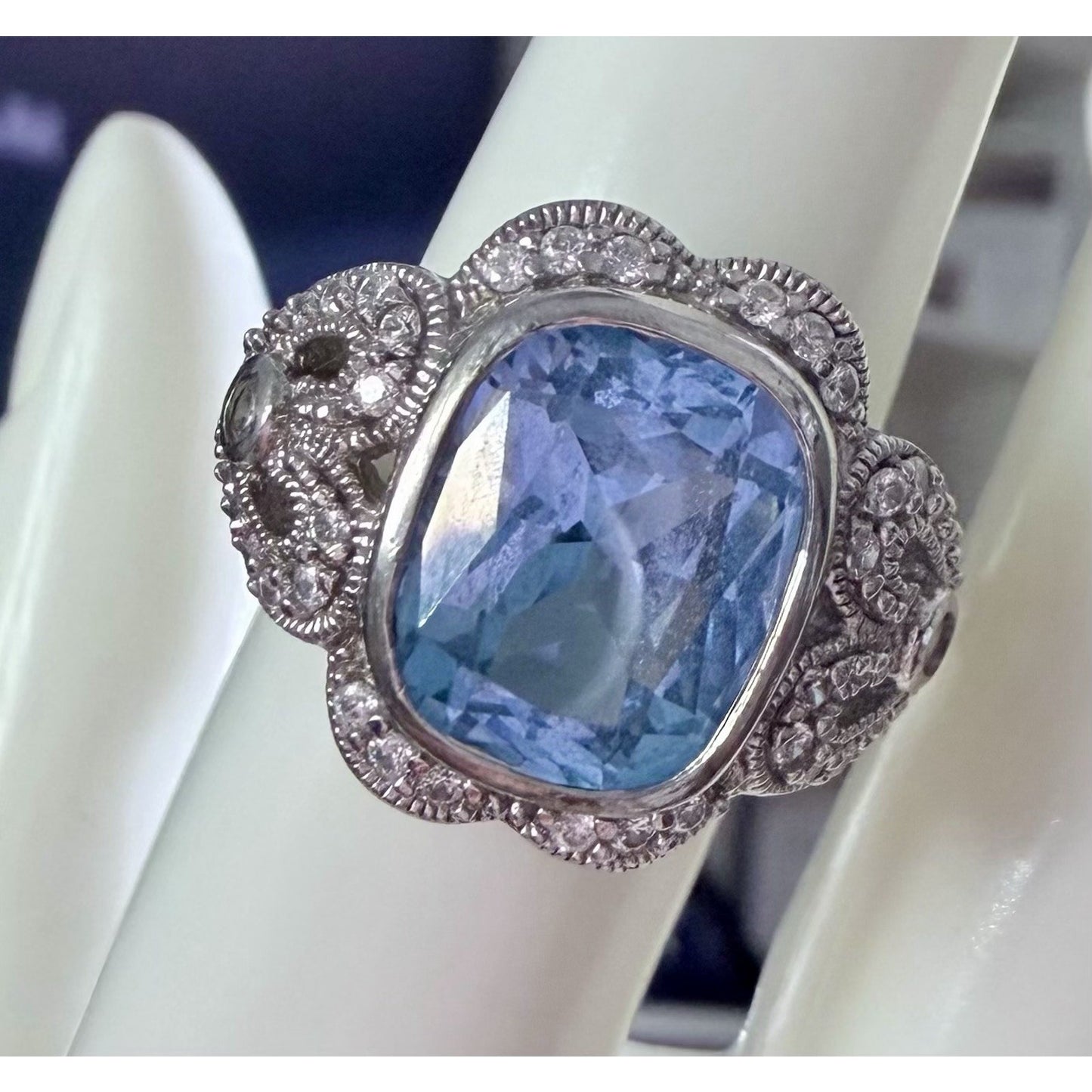 Vintage ESPO 925 Sterling Silver Blue Cushion Gemstone CZ Cocktail Ring Size 7.5