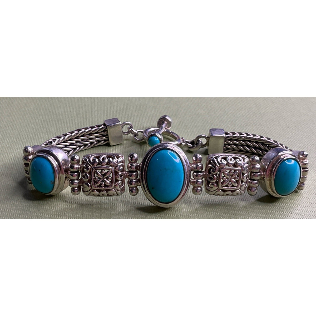 Vintage 925 Sterling Silver Turquoise Bracelet Ornate Filigree Woven Chain 30gr