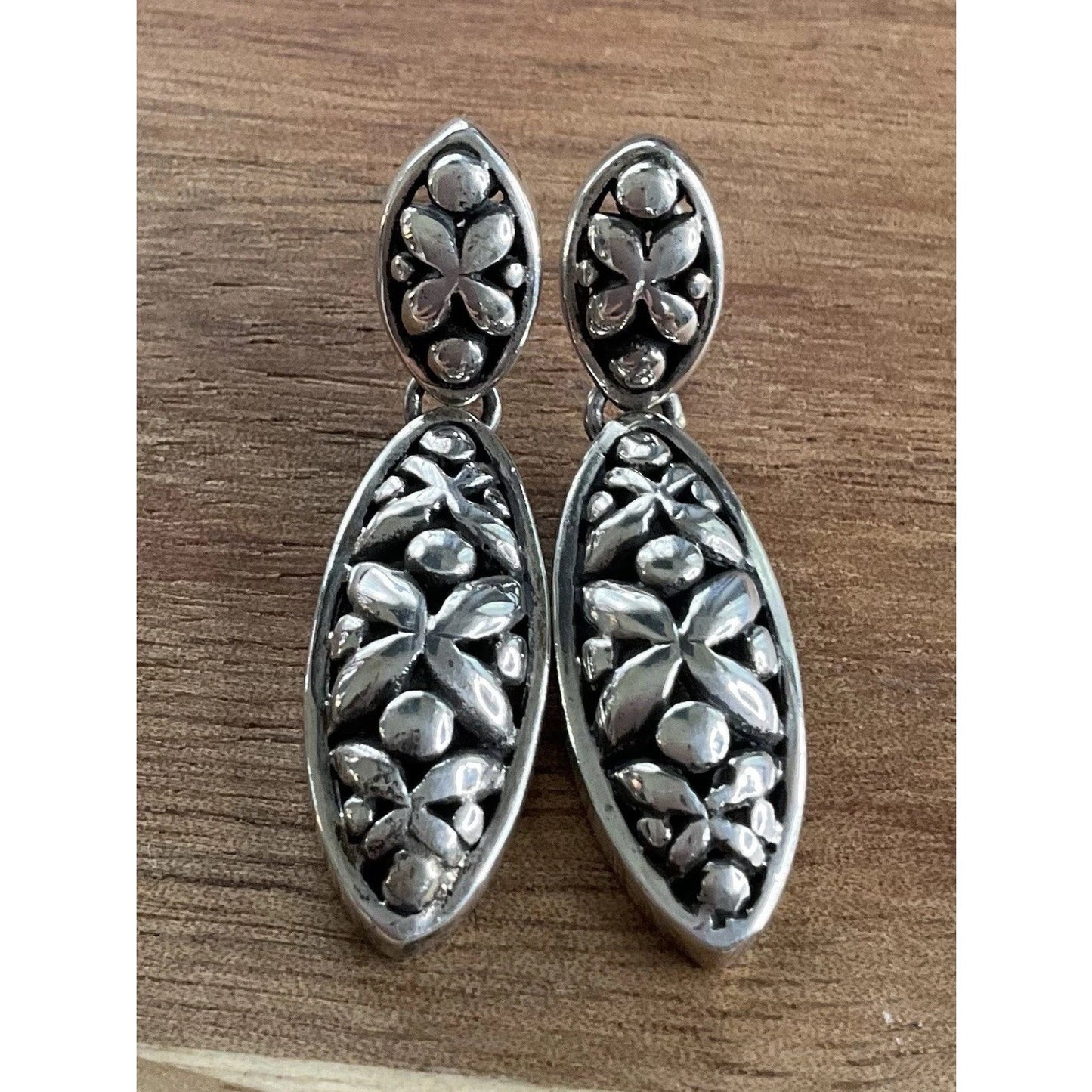 Sterling Silver Bali Style Floral Dangle Earrings 925 Boho Drop 7gr