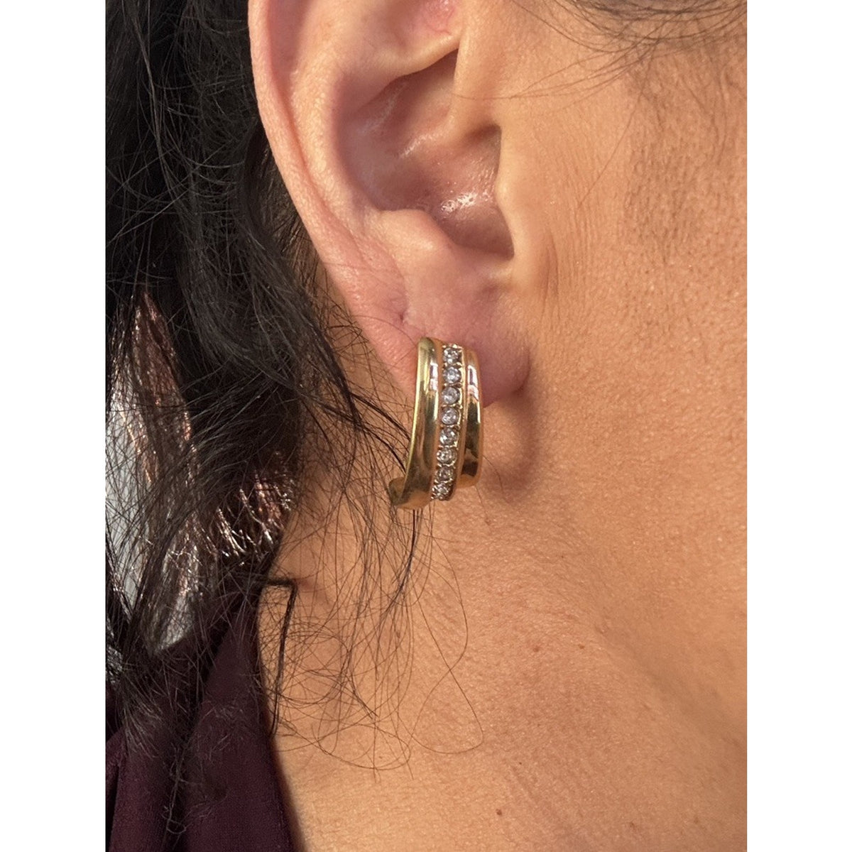 Mint Vintage Avon Centennial 1886-1986 Gold Tone Rhinestone Half Hoop Earrings