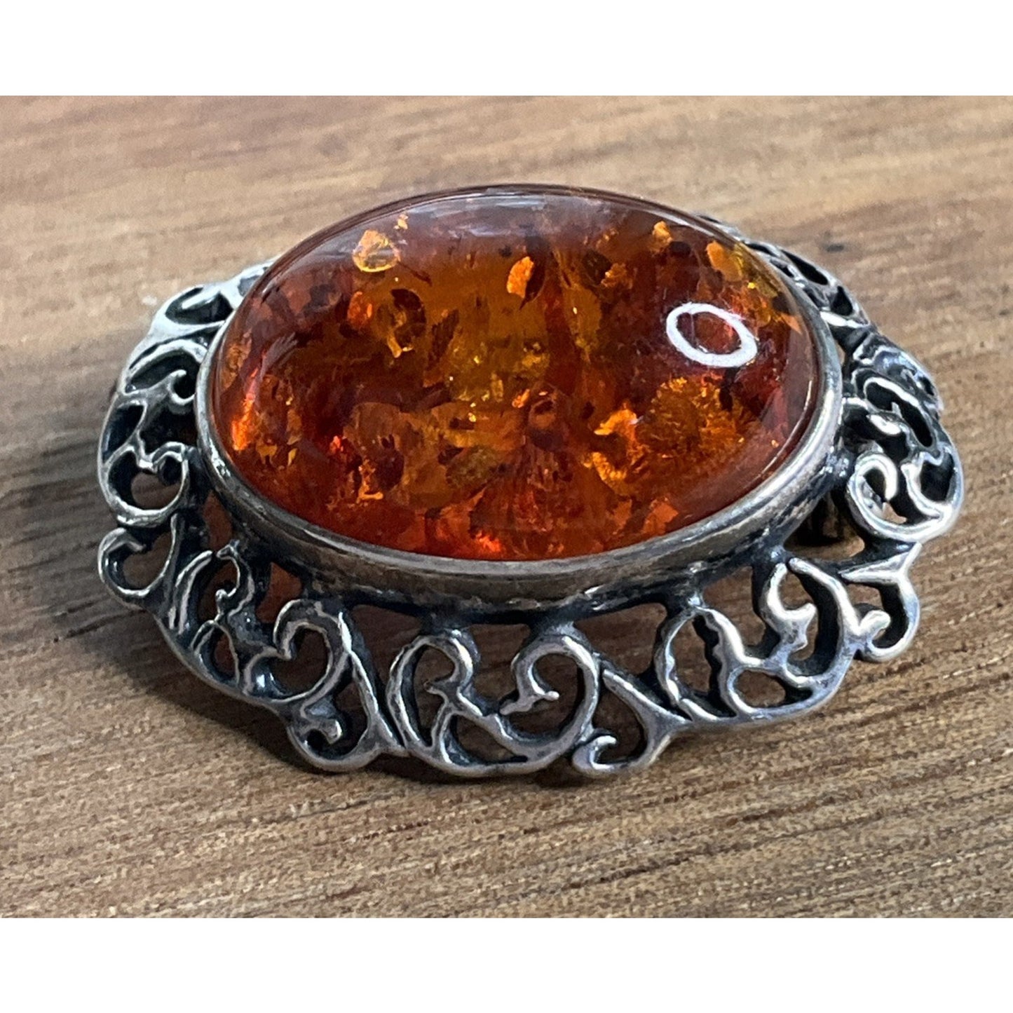 Vintage Baltic Amber Sterling Silver Oval Filigree Brooch Pin Victorian Art Deco