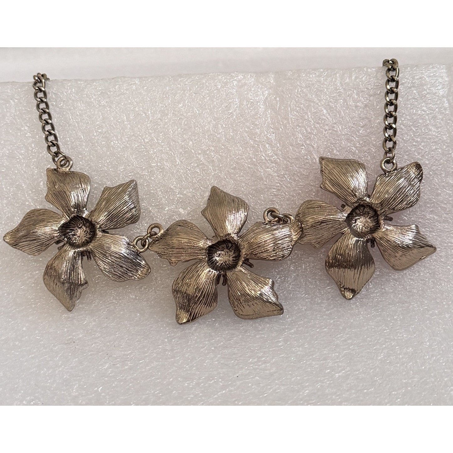 Silver Tone Triple Dogwood Flower Linked Statement Necklace 16-19”